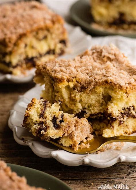 Cream the butter with the sugar until the mixture is light, then beat in the eggs and vanilla. Chocolate Chip Sour Cream Coffee Cake Recipe | Ashlee ...
