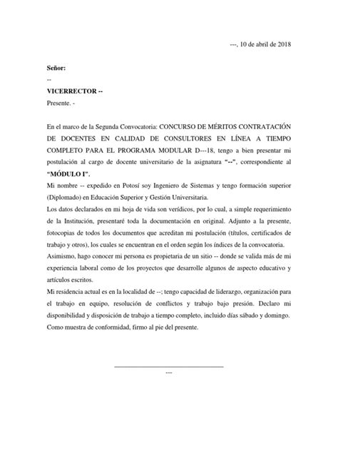 Carta De Postulacion Cargo Docente Universitario Pdf