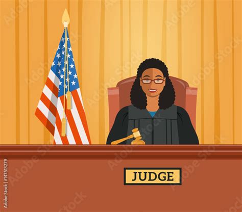 Judge Black Woman In Courtroom At Tribunal With Gavel And American Flag