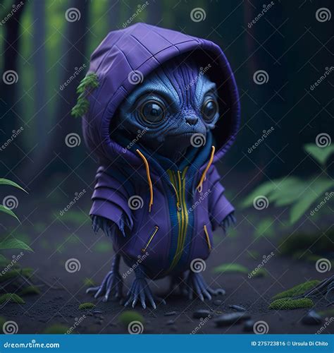 Little Violet Alien With A Violet Hoodie In The Dark Forest Stock