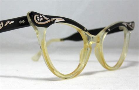 Vintage 60s Cat Eye Eyeglasses Black And Clear With Etched Etsy Eyeglasses Cat Eye Glasses