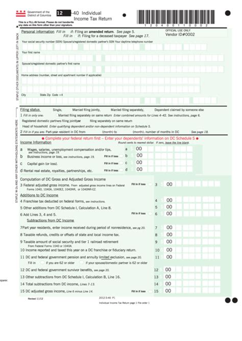 Fillable Form D 40 Individual Income Tax Return 2012 Printable Pdf