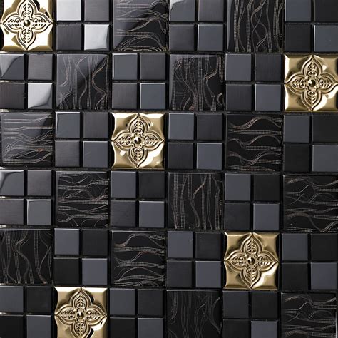 Tst Glass Metal Tile Black Gorgeous Golden Flower Mosaic Art Wall Bar