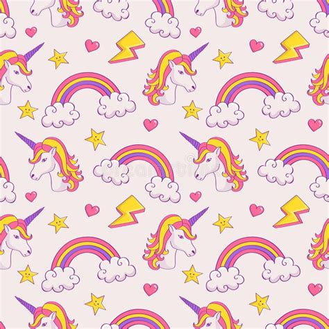 Vector Cute Seamless Pattern With Unicorns Rainbows And Clouds Stock