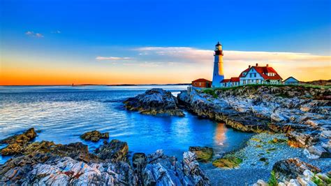 Gorgeous Lighthouse On A Rocky Shore Hdr Hd Desktop Background