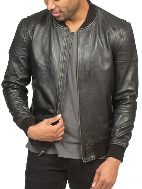 Black Colour Lambskin Leather Bomber Jacket For Men