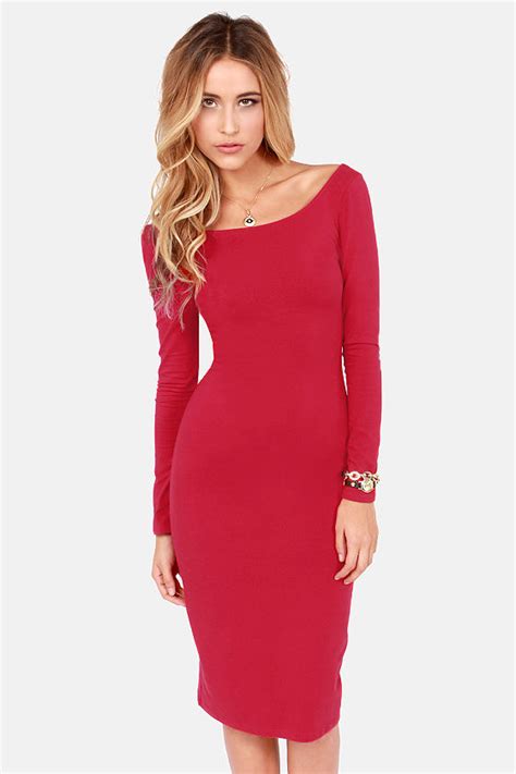 Sexy Red Dress Bodycon Dress Long Sleeve Dress Midi Dress 39