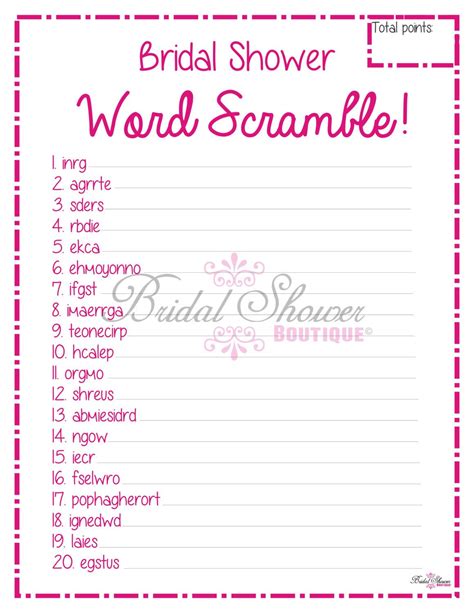 Bridal Shower Word Scramble Game Pink Fun Detailed And Cute Pink