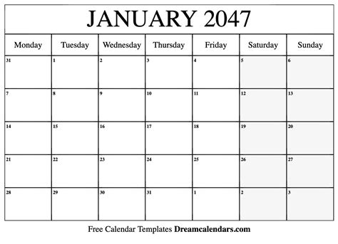 January 2047 Calendar Free Blank Printable With Holidays