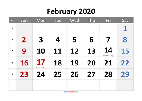 February 2020 Printable Calendar With Holidays
