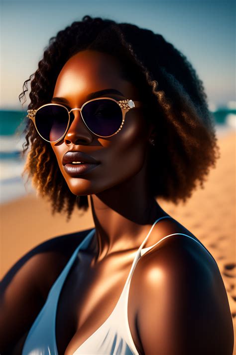 Lexica Portrait Of A Beautiful Black Woman Wearing Sunglasses On The Beach While Sitting On