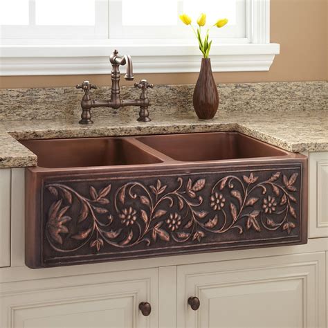 A range hood from brass is a perfect example. 33" Vine Double-Bowl Copper Farmhouse Sink - Antique ...