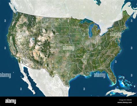 United States True Colour Satellite Image With State Boundaries Stock