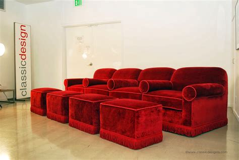 Classic Design Red Velvet Sofa And Ottomans Custom Screening Room