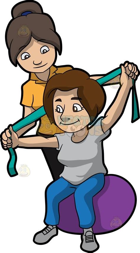 A Female Physical Therapist Helping A Patient Stretch Her Arms Orange Polo Shirt Cartoon