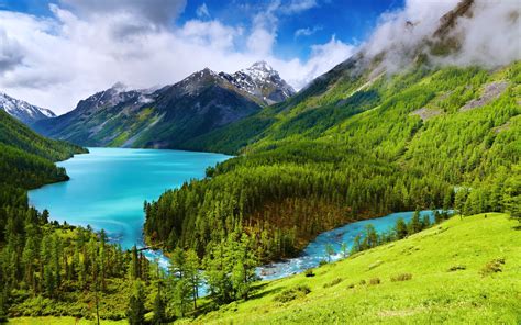 Beauty Blue Clouds Forest Green Lakes Landscapes