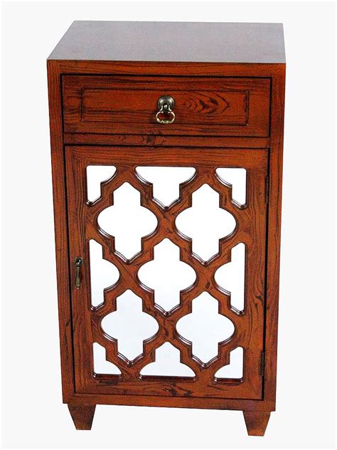 Mahogany Veneer Wood Mirrored Glass Accent Cabinet With A Drawer And A