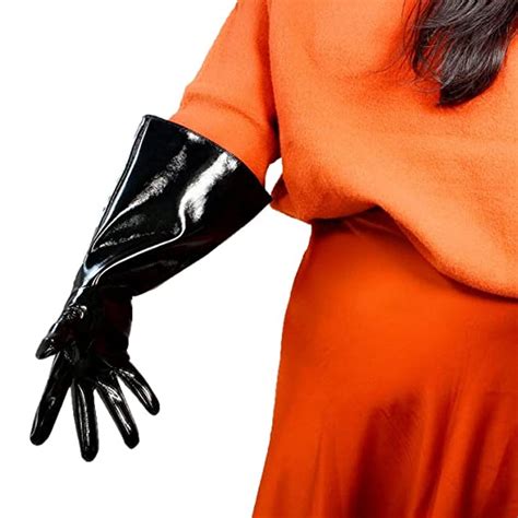 black super long leather gloves for women faux patent pu sexy opera glossy pair finger gloves