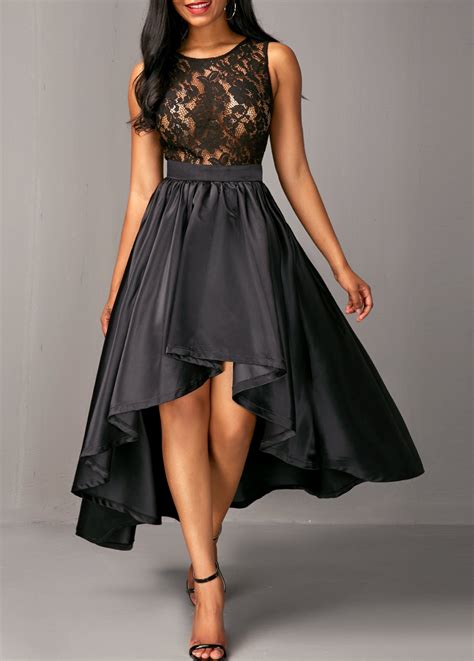 High Low Sleeveless Belted Black Lace Dress Tabargains