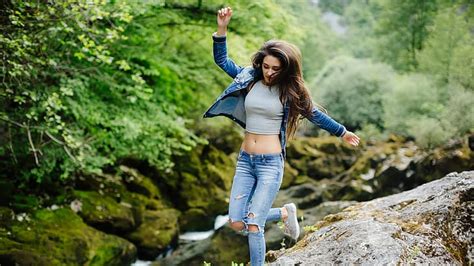Forest Jeans Torn Jeans Jean Jacket Crop Top Bare Midriff Belly