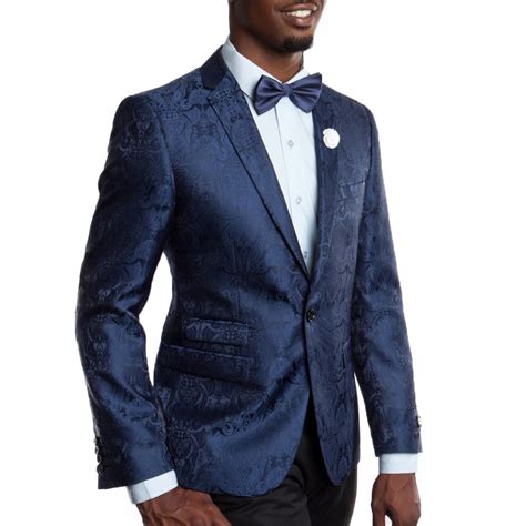 Turn your little beast into a handsome prince! Mens blue blazer with fancy floral pattern notch lapel ...