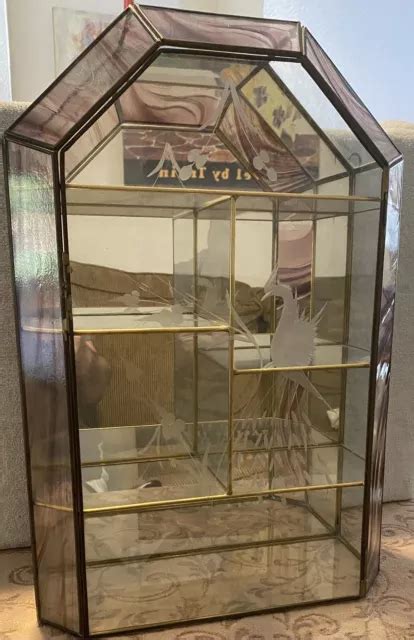 Vintage Etched Glass Brass Display Case Curio Cabinet Mirrored Back Wall Shelf 89 99 Picclick