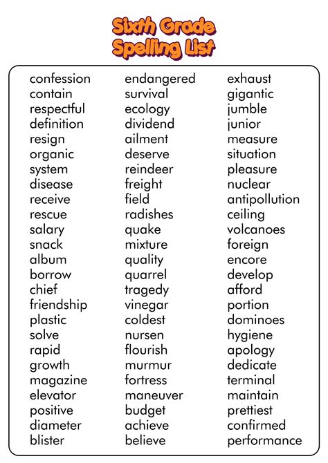 6th Grade Spelling Words Printable Worksheets