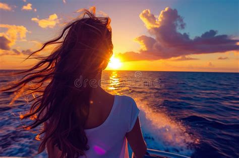 Girl Standing On A Boat Watching The Sunset With Her Hair Blowing In The Wind Stock Image