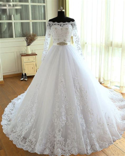 Princess White Long Sleeves Lace Wedding Dresses Bride Gown Ball Gown
