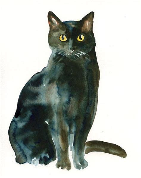 Black Cat Original Watercolor Painting 8x10inch Vertical By Dimdi
