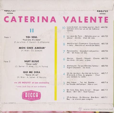 1 su repertorio musical es muy variado e incluye jazz, schlager, pop, musicales, chanson y bossa nova Les EPs français: Caterina VALENTE - 1960 - FR-DECCA 460 ...