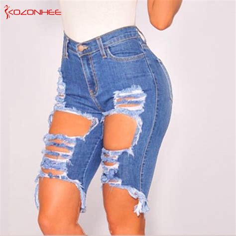 Skinny Ripped Stretching Jeans For Women High Waist Elasticity Knee
