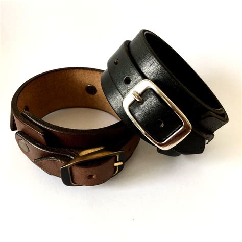 Leather Wrist Cuff For Men Wide Adjustable Bracelet Black Or Etsy