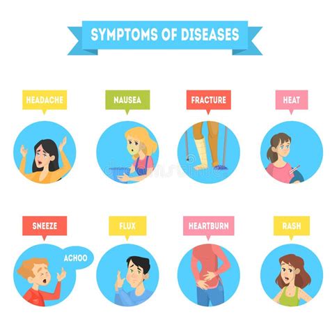 Different Symptoms Of Disease Sick People Suffering Stock Vector