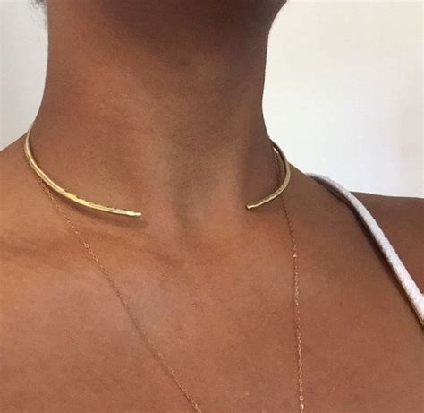 The Hammered Gold Choker Cuff Is Easy To Wear With A Light And