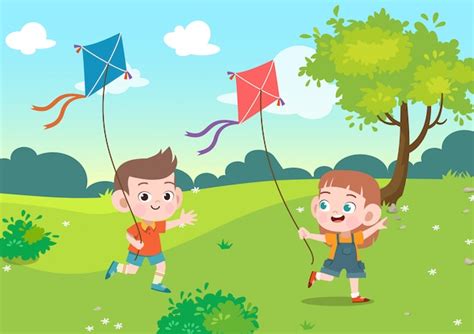 Kids Play Kite Together In The Garden Vector Illustration Premium Vector