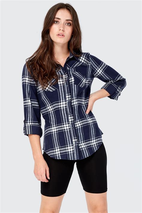 Navy Brushed Check Shirt Shirt Outfit Women Checkered Shirt Outfit Women Checked Shirt Women