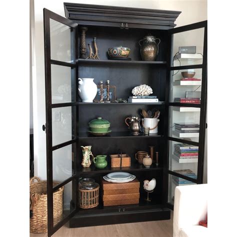 Transitional Tall Black Glass Front Cabinet With Iron Hardware Chairish