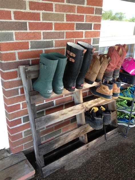 Give 5 minutes to check out these functional diy shoe holder and organizer ideas to store to keep your shoes cleverly! Pallet boot storage. | Outdoor shoe storage, Boot storage ...