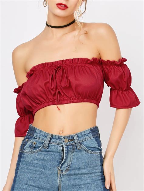 [41 off] ruffled off the shoulder crop belly top rosegal