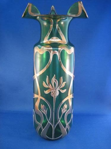 Tall Handblown Handpainted Art Nouveau Green Glass Vase With Gold And Enamel Vazolar