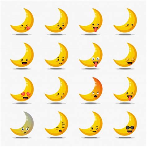 Set Of Cute Crescent Moon With Emoticons Emoticon Cartoon Styles