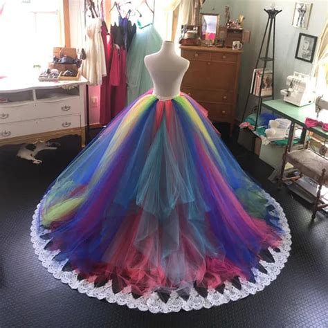 Chic Rainbow Puffy Tulle Skirts For Bridal Pleated Tiered Floor Length