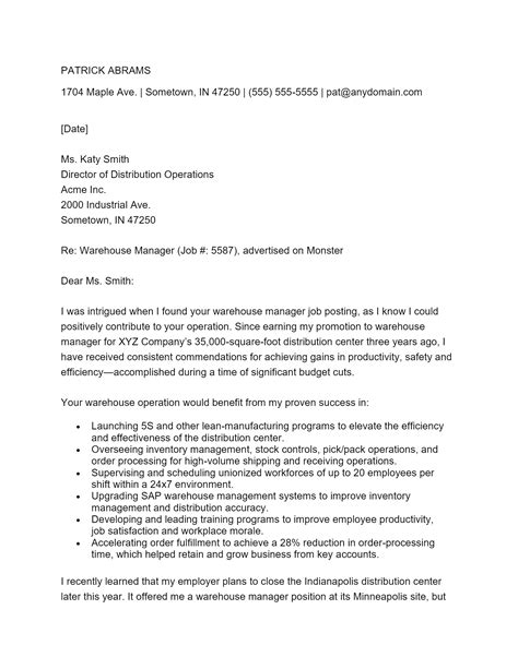 Free Warehouse Manager Cover Letter Template And Example On