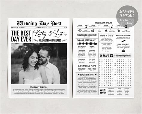 Newspaper Ceremony Program Template Editable Program Wedding Program