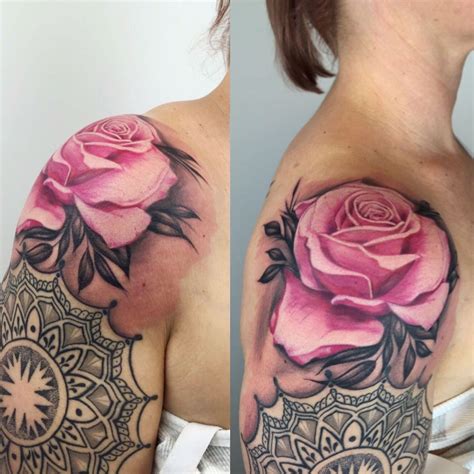 Realistic Rose Pink With Dotwork Mandala Tattoos Ink Tattoo Rose