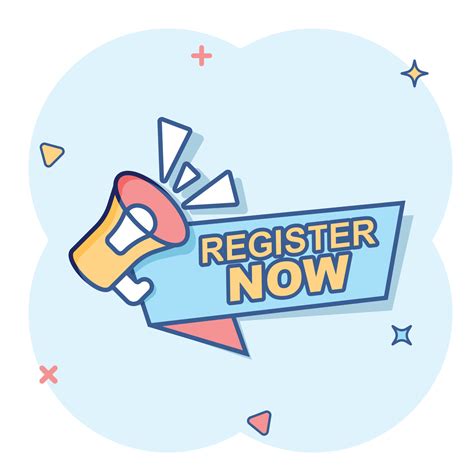 Register Now Icon In Comic Style Registration Cartoon Vector