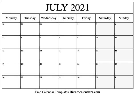 July 2021 Calendar Free Blank Printable Templates