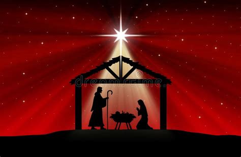 Red Christmas Greeting Card Banner Background With Nativity Scene In