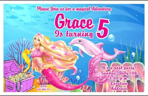 10 Barbie Mermaid Personalized Birthday Invitations Personalized